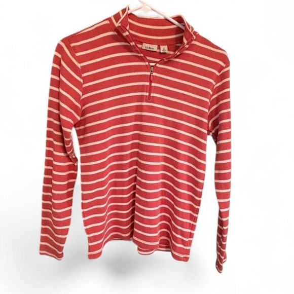 LL Bean Coral White Striped Quarter Zip Sweater Sz Small 100% Cotton - Picture 1 of 4